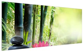 Tablou cu floare de lotus, bambus și lumănâri (120x50 cm), în 40 de alte dimensiuni noi