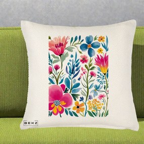 Perna Decorativa Gradina Florala Acuarela Colorata, 40x40 cm, Crem Reliefat, Husa Detasabila, Perna Inclusa, BEKZ®