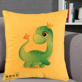 Perna Personalizata Dinozaur Bland Coroana Kawaii, 40x40 cm, Galben, Husa Detasabila, Perna Inclusa, BEKZ®