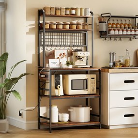 HOMCOM Raft de Bucătărie cu Prize și Rafturi Reglabile, Raft pentru Cuptor cu Microunde cu 5 Niveluri, Panou cu Grilaj și 10 Cârlige, Mobilier Vintage Structură din Oțel, 80x40x170 cm, Maro Rustic | Aosom Romania