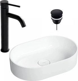 Pachet lavoar pe blat Omnires Ovo M+ alb 55 cm, baterie lavoar Rea Lungo negru si ventil lavoar Click-Clack D negru