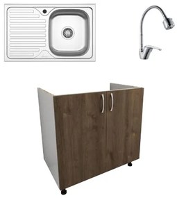 Set Masca Chiuveta Karo, Stejar Bronz/Alb, 80 x 50 x 80 cm, Chiuveta Inox, Cuva dreapta, Baterie Flexibila