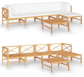 Set mobilier gradina cu perne crem, 6 piese, lemn masiv de tec Crem, 2x mijloc + 2x colt + suport pentru picioare + masa, 1