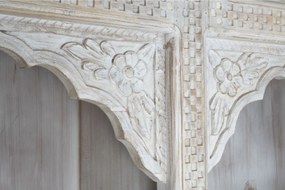 Bibliotecă sculptată din lemn masiv de mango, finisaj alb antichizat, 6 rafturi deschise, 180×40×200 cm, „Maharaja"