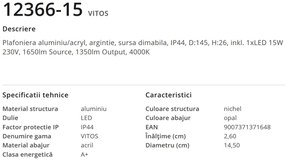 Plafoniera LED dimabila design slim IP44 VITOS 12366-15 GL