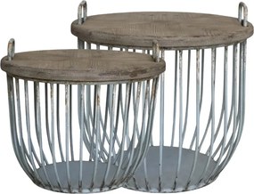 Set 2 măsuțe de cafea rotunde din lemn de chiparos și metal, natur și opal, cu structură tip coș, finisaj antichizat, 48 x 57 cm, „Antique Opal”