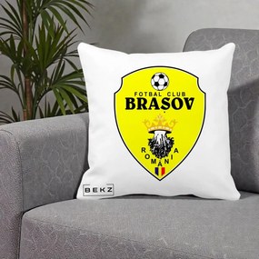 Perna Personalizata FC Brasov Fotbal Romania, 40x40 cm, Alba Mata, Husa Detasabila, Perna Inclusa, BEKZ®