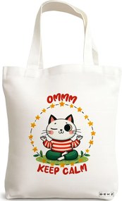 Sacosa de Panza pentru Cumparaturi, Geanta Tote Yoga Ommm Keep Calm, 38x34.5 cm, Alba, BEKZ®