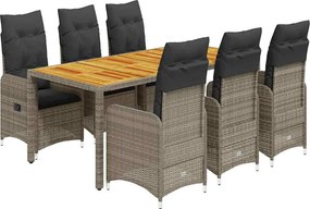 vidaXL Set bistro de grădină cu perne, 7 piese, gri, poliratan
