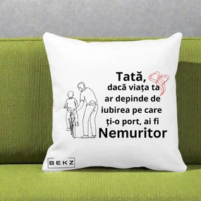 Cadou pentru Tata - Perna Personalizata Tata Nemuritor Bicicleta, 40x40 cm, Alba Mata, Husa Detasabila, Perna Inclusa, BEKZ®