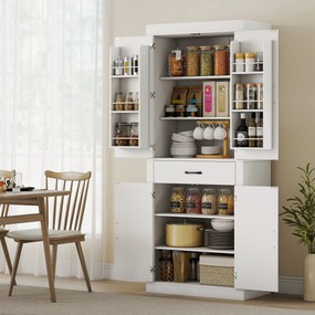 HOMCOM Dulap de bucătărie în stil country cu 2 dulapuri, 6 rafturi și un sertar, din lemn, 76x39,5x183,5 cm, alb | Aosom Romania