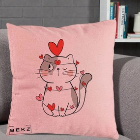 Perna Decorativa Pisica Kawaii cu Inimi, 40x40 cm, Roz, Husa Detasabila, Perna Inclusa, BEKZ®