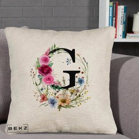 Cadou Personalizat - Perna Personalizata Monogram Litera G cu Flori Acuarela, 40x40 cm, Bej Canapea, Husa Detasabila, Perna Inclusa, BEKZ®