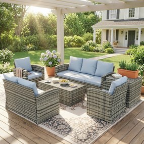 Outsunny Set de mobilier de gradina din ratan de 6 piese, canapea si 2 fotolii tapitate pentru 7 persoane, bej | Aosom Romania