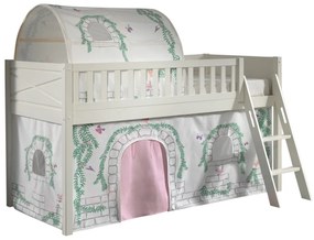 Set complet pat semi-supraetajat SCOTT pentru copii, alb, 90 x 200 cm, din pin scandinav masiv, cu scară, sertare + 3 buzunare depozitare + perdea de