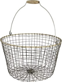 Coș rustic din zinc rotund, mic, mâner din lemn, Ø 30 cm, „Alvar"