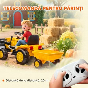 AIYAPLAY Excavator Electric pentru Copii 12V cu Cupă și Remorcă Detașabilă, Tractor Electric de Călărit cu 2 Motoare, Telecomandă, Conexiune Wireless, USB, Lumini și Muzică, 3-8 Ani, Galben | Aosom Romania
