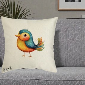 Perna Decorativa Pasare Folk Art Portocalie-Teal, 40x40 cm, Ecru, Husa Detasabila, Perna Inclusa, BEKZ®