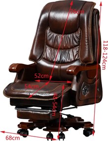 RESIGILAT- Scaun directorial din piele naturala si lemn masiv, Masaj in 9 puncte si Incalzire, rezistent 150 kg, Maro