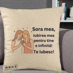 Cadou pentru Sora - Perna Personalizata Sora Mea Te Iubesc Imbratisare cu Sclipiri, 40x40 cm, Bej, Husa Detasabila, Perna Inclusa, BEKZ®
