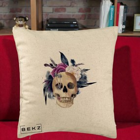 Perna Decorativa Craniu Floral cu Trandafiri si Ciuperci, 40x40 cm, Bej, Husa Detasabila, Perna Inclusa, BEKZ®