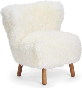 Fotoliu alb din blană naturală de oaie din Noua Zeelandă, cu fir lung și picioare din lemn de stejar natur, 64×51×75 cm, „Wanaka”