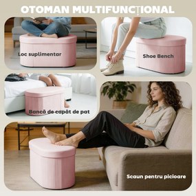 HOMCOM Pouf pliabil cu spațiu de depozitare modern, tapițat cu catifea, 72L, pentru living și dormitor, 76x38x35 cm, Roz | Aosom Romania