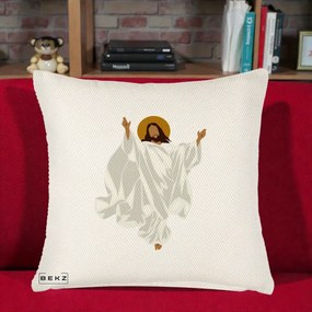 Perna Decorativa Iisus Hristos Invierea Silueta Minimalista, 40x40 cm, Crem Reliefat, Husa Detasabila, Perna Inclusa, BEKZ®
