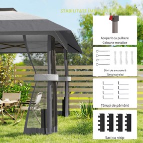 Outsunny Pavilion 4x4m Impermeabil Reglabil pe înălțime Pop-up Pavilion pliant cu dublu acoperiș 4 laterale din plasă, UV 30+Gri deschis | Aosom Romania