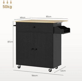 HOMCOM Insulă de Bucătărie cu Ala Rabatabilă 2 Uși Sertar Suport pentru Condimente Bară de Agățat Șervețel și Raft Reglabil 106x42x87 cm Negru și Stejar | Aosom Romania