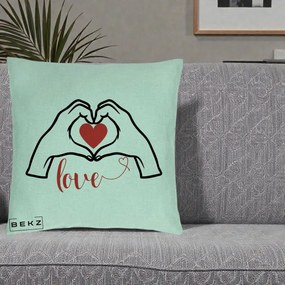 Perna Decorativa Love Maini Inima cu Inscriptie Love Rosu, 40x40 cm, Verde Menta, Husa Detasabila, Perna Inclusa, BEKZ®
