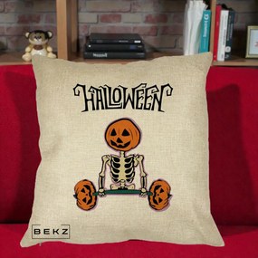 Perna Decorativa Halloween Schelet cu Cap de Dovleac Powerlifting, 40x40 cm, Crem, Husa Detasabila, Perna Inclusa, BEKZ®