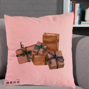Perna Decorativa Cadouri de Craciun Kraft, 40x40 cm, Roz, Husa Detasabila, Perna Inclusa, BEKZ®