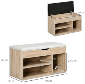 HOMCOM Bancă pentru Pantofi cu 3 Compartimente, Spațiu Ascuns și Șezut din Piele PU, 80x30x43 cm, Lemn Natural | Aosom Romania