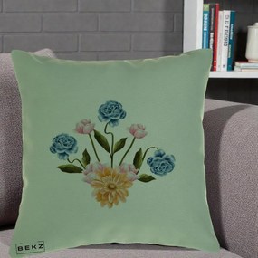 Perna Decorativa Buchet Primavara Acuarela, 40x40 cm, Verde, Husa Detasabila, Perna Inclusa, BEKZ®