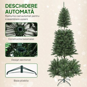 HOMCOM Pom de Crăciun Artificial de 180 cm cu Lumini Incorporate Albe și Colorate în 9 Moduri și 899 Crengi Ignifuge, Brad de Crăciun Dens și Realistic cu Bază Metalică Pliabilă pentru Acasă | Aosom Romania