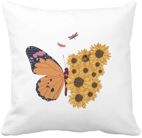 Perna Decorativa, SunFlower Butterfly, 40x40 cm, Alba, Mata, Husa Detasabila, Burduf