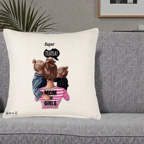 Cadou pentru Mama - Perna Personalizata Super Mama Mom of Girls, 40x40 cm, Crem Reliefat, Husa Detasabila, Perna Inclusa, BEKZ®