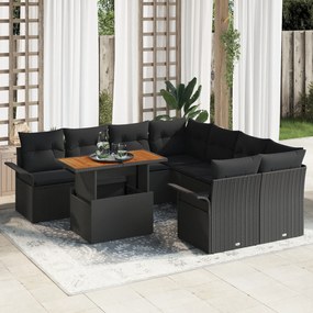 vidaXL Set de canapea pentru grădină, 9 piese, cu perne, negru, din rattan poliester și acacia