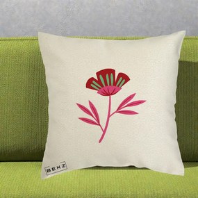 Perna Decorativa Floare Macul Roz-Rosu Grafic, 40x40 cm, Ecru, Husa Detasabila, Perna Inclusa, BEKZ®