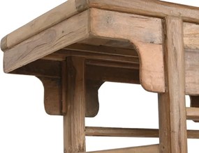 Consolă hol farmhouse din lemn de tec reciclat, natur, cu console decupate sub blat și traverse rotunde, 83 x 100 x 50 cm, „Avana Small”