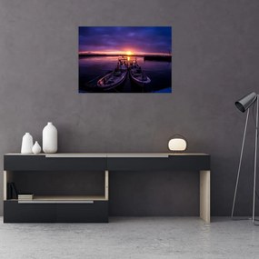 Tablou pe sticlă cu barci pescărești în port (70x50 cm)