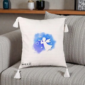 Perna Decorativa Inger cu Trompeta Albastru, 40x40 cm, Bej cu Franjuri, Husa Detasabila, Perna Inclusa, BEKZ®