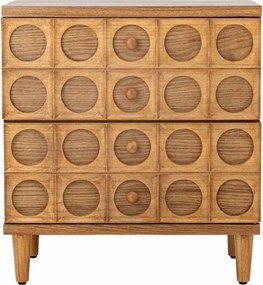 Comodă mică cu 2 sertare, mid century, maro, cu fronturi în relief geometric, butoni și picioare din lemn, finisaj lăcuit, 61 x 56 x 35 cm, „Vester”