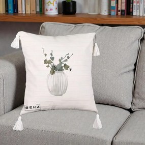 Perna Decorativa Vaza cu Eucalipt Watercolor, 40x40 cm, Bej cu Franjuri, Husa Detasabila, Perna Inclusa, BEKZ®