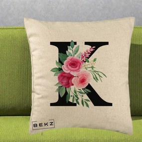 Cadou Personalizat - Perna Personalizata Monograma Florala Litera K, 40x40 cm, Bej, Husa Detasabila, Perna Inclusa, BEKZ®
