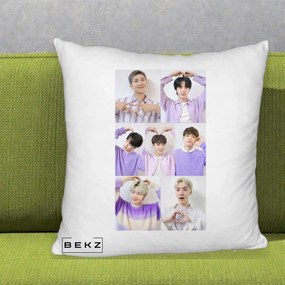 Perna Personalizata K-pop BTS Colaj 7 Portrete cu Inimi Lila, 40x40 cm, Alb Pufos, Husa Detasabila, Perna Inclusa, BEKZ®