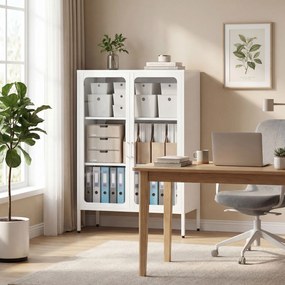 HOMCOM Dulap pentru Documente din Oțel cu 2 Uși din Sticlă Securizată, Dulap de Birou cu Rafturi Reglabile, Dulap Multifuncțional pentru Depozitare, Birou, Cameră de Studii, Casă, 80x40x110 cm, Alb | Aosom Romania