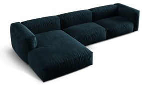 Colțar modular albastru închis cu tapițerie din catifea (cu colț pe partea stângă/cu șezlong) Martina – Micadoni