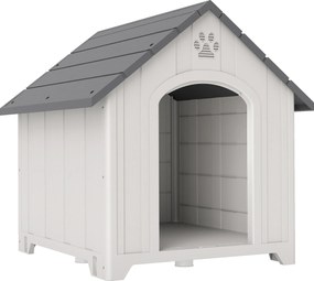 PawHut Casă pentru câini exterior Casă pentru câini mari din plastic cu 2 ferestre Bază ridicată Țăruși Gri | Aosom Romania